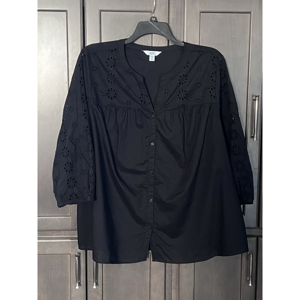 Croft & Barrow Button Up Shirt Women’s Size 2X Black Eyelet 3/4 Sleeves Cotton